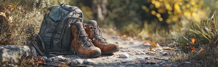 backpack with boots on the trail, adventure and hikingの素材