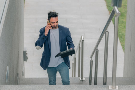 businessman with tablet and mobile phone on the street