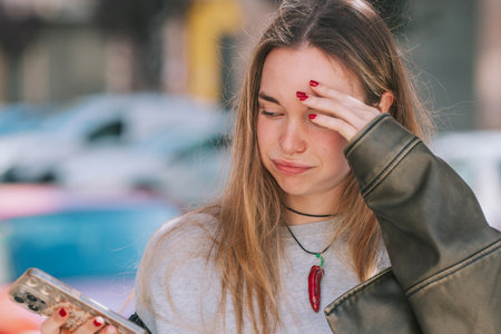 girl with mobile phone on the streetの写真素材
