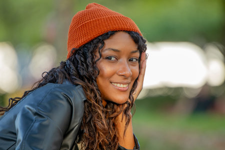 young woman in autumn outdoorsの写真素材