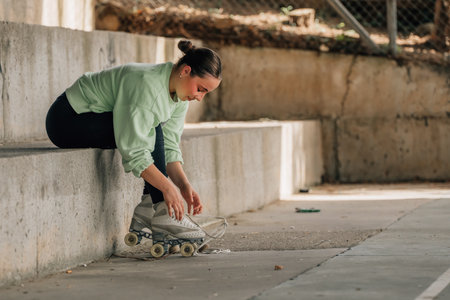 skater putting on skates for trainingの写真素材