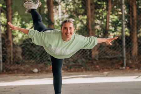 skater training with skates outdoorsの写真素材