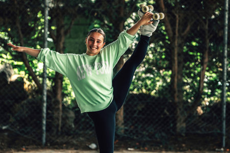 skater training with skates outdoorsの写真素材
