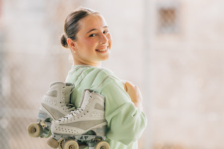 figure skating athlete with skates smiling outdoors