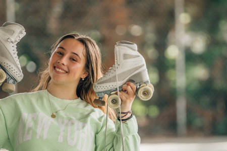 figure skating athlete with skates smiling outdoors