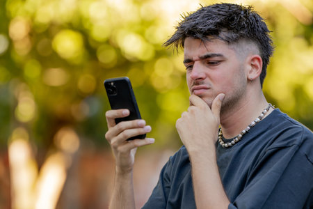 young man with mobile phone and expression of suspicion or doubt