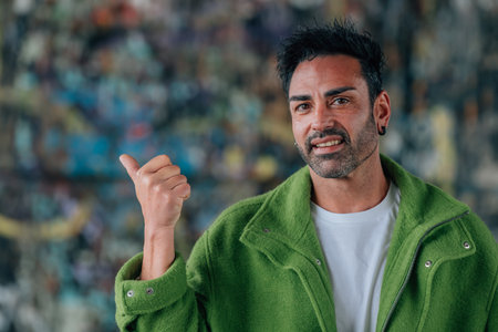 young man on the street pointingの写真素材