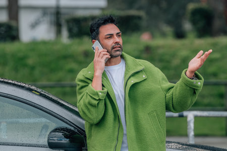 bearded man outdoors with mobile phone in the car