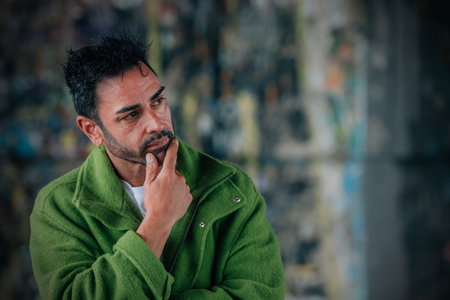 young brunette man on the street outdoorsの写真素材