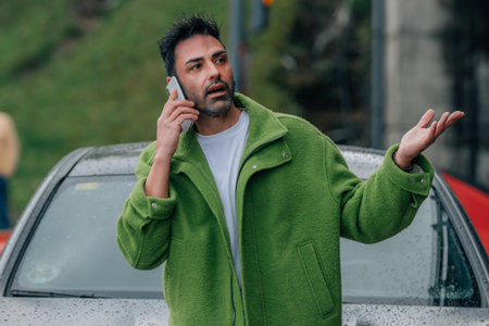 bearded man outdoors with mobile phoneの写真素材