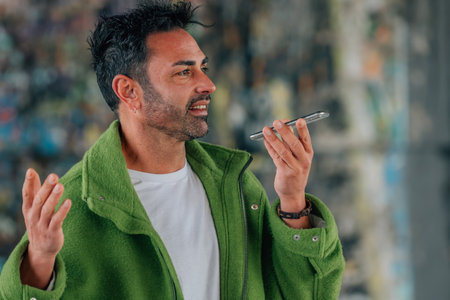 young man on the street with mobile phone sending voice message or hands freeの写真素材