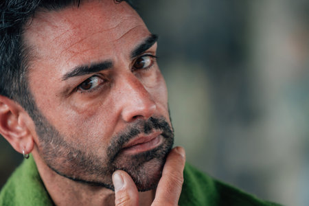 young brunette caucasian man on the street outdoorsの写真素材