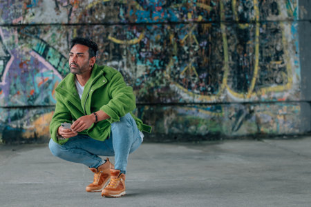 young man on the street with mobile phoneの写真素材