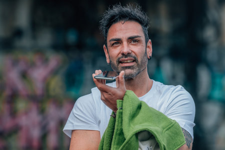 young man on the street with mobile phone sending voice message or hands freeの写真素材