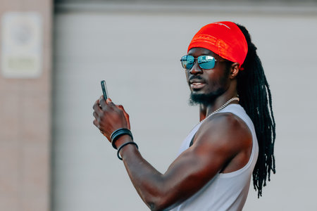 young african man on the street looking at mobile phone or smartphoneの写真素材