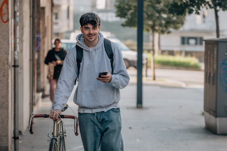 student with mobile phone on the street walking with the vintage bicycleの写真素材
