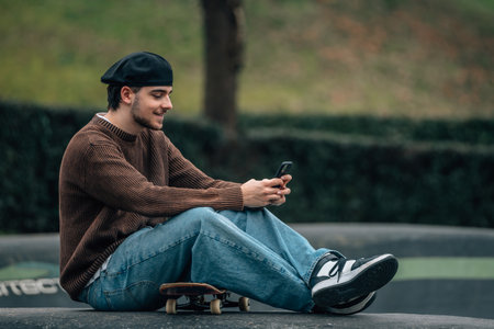 young man on the street with mobile phone and skateboardの写真素材