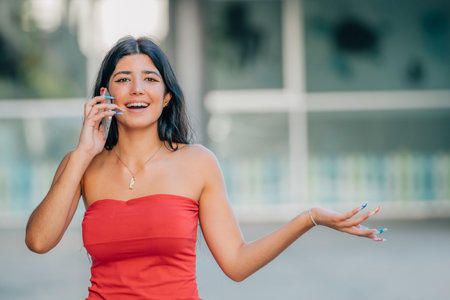 smiling girl in summer clothes on the street talking on the mobile phoneの写真素材
