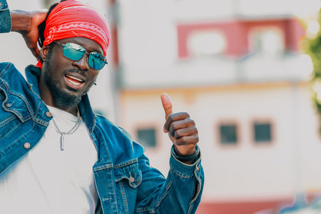 young african man wearing sunglasses and casual style on the streetの写真素材