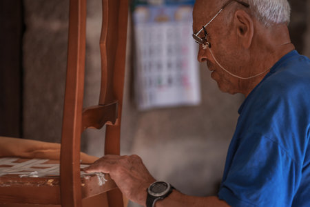 upholsterer craftsman working in the workshopの写真素材
