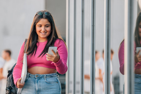 student with mobile phone walking with booksの写真素材