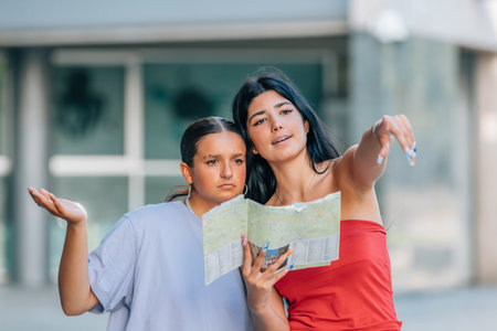 two travel girls on the street with a mapの写真素材