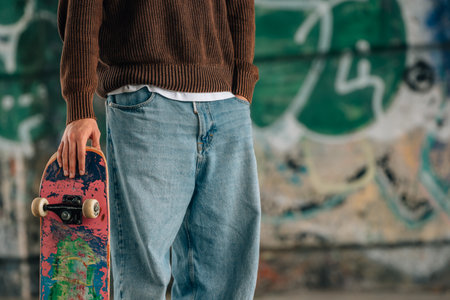 close-up of hands of young man with skateboard on the streetの写真素材