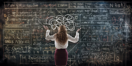 business woman with formula board and problem expression