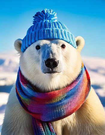vertical portrait of a warm polar bear with a hat and scarfの素材