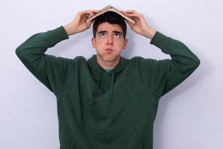 isolated student with book and expression of tiredness or stress overwhelmedの写真素材