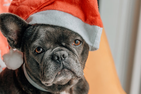 french bulldog pet wearing a christmas hatの写真素材