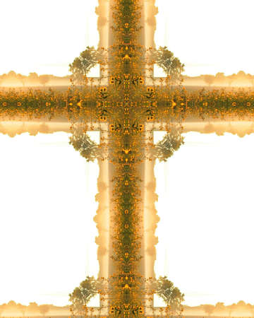 kaleidoscope cross:  sunflowers and misty horizon; Homestead National Monument of America, Beatrice, Nebraskaの写真素材