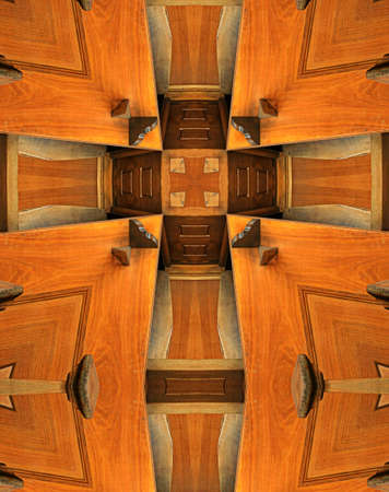 kaleidoscope cross:  wooden seats for monks; Mt. Angel Abbey, Oregonの写真素材