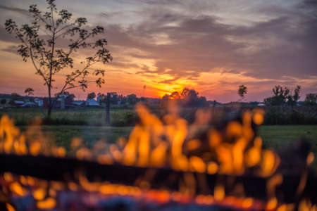 campfire and Ohio sunsetの写真素材