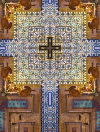 kaleidoscope cross: kitchen backsplash and copper pans, Marland Mansion, Ponca City, Oklahomaの写真素材