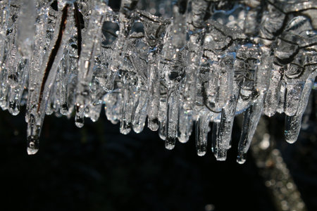 Close up of icicles of frozen water in freezing Winter weather hexagon metal wire covering garden natural pond, white transparent patterns and freezing shards of ice drip as melt in morning sunの写真素材