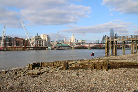 London, England / UK - September 3 2021: Landscape city view with skyscrapers on River Thames from south bank by Vauxhall Bridge Tate Modern and Globe theatre historic St Paul's cathedral backgroundのeditorial素材