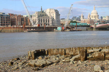London, England / UK - September 3 2021: Landscape city view with skyscrapers on River Thames from south bank by Vauxhall Bridge Tate Modern and Globe theatre historic St Paul's cathedral backgroundのeditorial素材