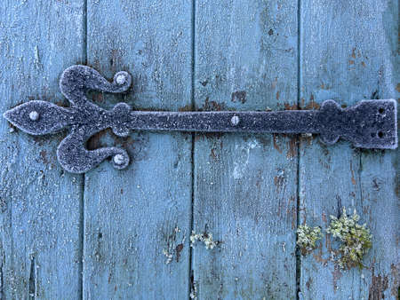 Close up of Fleur de Lis design black metal decoration and hinge on old vintage blue painted and...