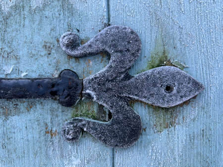 Close up of Fleur de Lis design black metal decoration and hinge on old vintage blue painted and...
