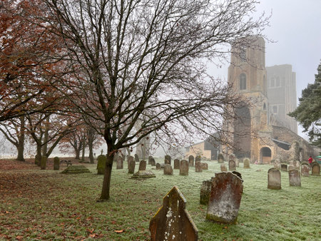 Gothic cemetery in the misty morning with trees and church