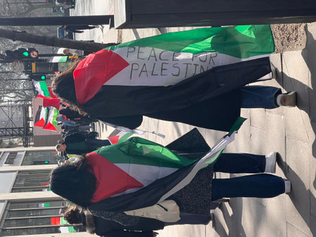 Pro Palestine manifestation held in Manhattan, New York. People took to the streets to claim Gaza and Palestine freedomの写真素材