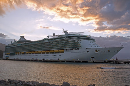 Cruise ship docked in the port of Labadee, Haiti at sunsetの写真素材