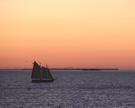 Sailboat in the sea at sunset. Yachts on the horizon.の写真素材