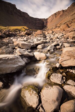 summertime hengifoss waterfall in Icelandの写真素材