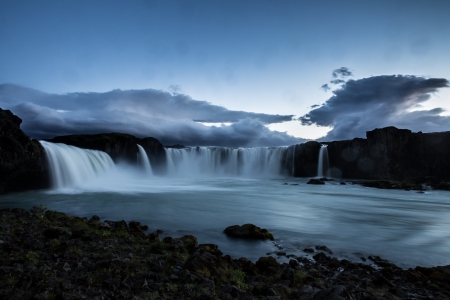 godfoss waterfall in iceland by nightの写真素材