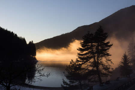 sunset with fogの写真素材
