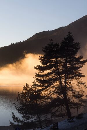 sunset with fogの写真素材