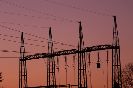 high voltage pylon in dusk timeの写真素材