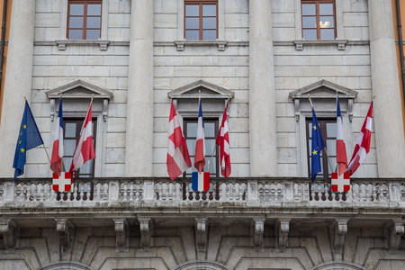 French flag in front of the city hallのeditorial素材